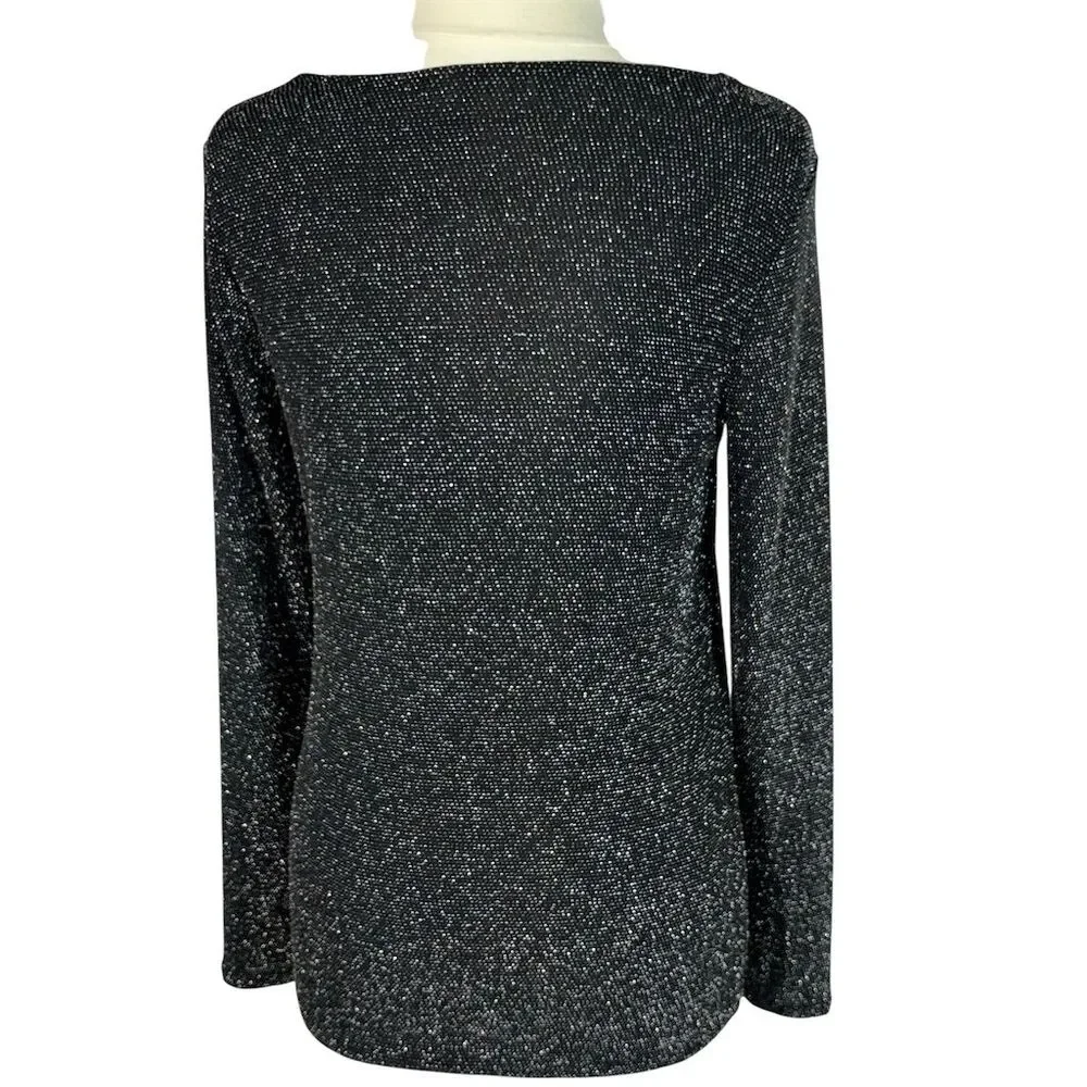 Michael Kors Black Silver Shimmer Metallic Logo O Ring Asymmetric Neckline Top